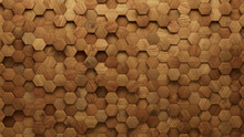 3D, Wood Mosaic Tiles Arranged In The Shape Of A Wall. Hexagonal, Soft Sheen, Blocks Stacked To Create A Natural Block Background. 3D Render