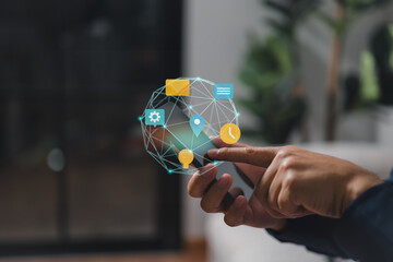 Poster - Close-up of a businessman using a smartphone interacting with the screen on the internet with a chat call email icon, concept of contact us, contacting information, and communication of people