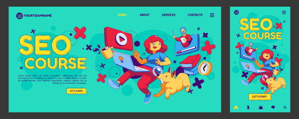 Poster - seo courses landing page, app ui ux onboard screen. concept with contemporary character with laptop 