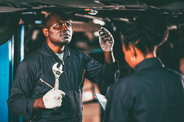 Sticker - garage mechanic team working car auto service black african people professional worker together