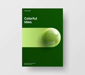 Colorful company brochure A4 design vector layout. Multicolored realistic spheres journal cover illustration.