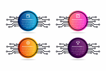 Poster - abstract vector 4 options infographic design, structure chart, presentation template. Editable stroke and global swatches. circle circuit elements concept. four linier gradients colors template.