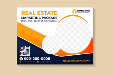 Poster - Real estate corporate business banner template, horizontal advertising marketing package in horizontal layout template, Cover header background for website design. circle space photo collage.