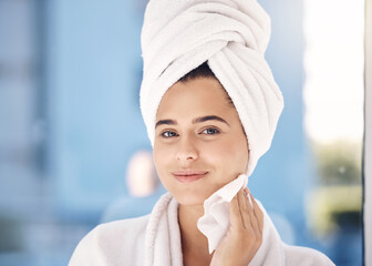 Poster - Beauty, face and cleaning with facial and woman after shower in towel for hygiene and grooming in skincare portrait. Healthy skin with treatment, cosmetics and cloth for wellness and fresh glow.