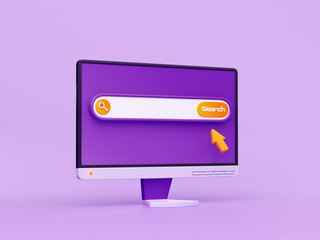 Poster - 3d render computer search bar and pointer on desktop. Pc screen with browser page and empty address line box for navigation and information research in internet, illustration in cartoon plastic style