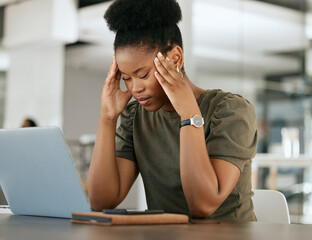 Poster - Stress, headache and black woman with laptop in office tired, exhausted and worry from overworked job. Burnout, mental health and frustrated female employee in pain, stressed from working on computer