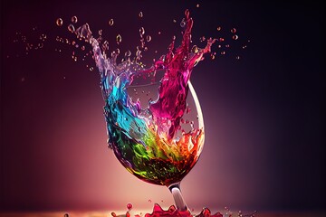  a glass of wine with a splash of colored liquid on it's side and a splash of water on the bottom. Generative AI