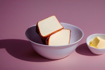  a bowl of butter and two slices of bread in it on a pink surface with a small bowl of butter. Generative AI