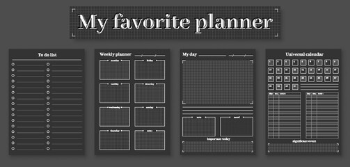 Planner template black page life organizer bw flat set. Business design reminder important task time control day week month year universal to-do list routine schedule management efficient planning