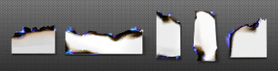 Poster - Burning white paper sheets with blue fire and black scorched edges. Smoldering blank pages with magic flame isolated on transparent background, vector realistic set