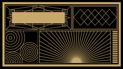 Wall Mural - Art deco background with golden line on black background. Art deco vintage linear thin line geometric shape retro design frame badge. Art deco line border for wedding, template, greeting card, poster