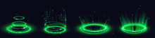 Circle Digital Portals, Neon Light Platforms With Glow And Sparkles Isolated On Black Background. Futuristic Teleport Podiums, Healing Aura For Game Interface, Vector Realistic Set