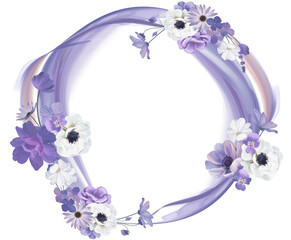 Round purple floral wreath, Floral collection with flower and leaves. Hand painted set spring decorative design elements