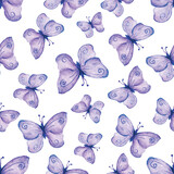 Fototapeta Motyle - watercolor magical purple butterflies seamless pattern