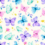 Fototapeta Motyle - watercolor magical purple butterflies seamless pattern