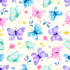 Wall Mural - watercolor magical purple butterflies seamless pattern