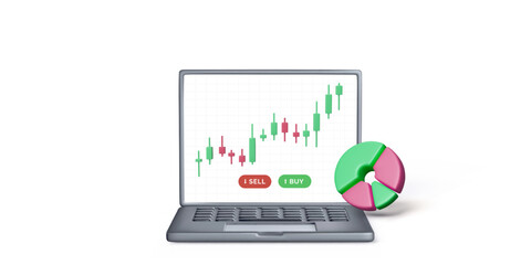 Poster - Black laptop with candlestick chart on screen and 3D pie diagram
