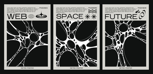 Wall Mural - y2k posters in retro futuristic style with cobwebs. tribal style elements for 90s design. printable 