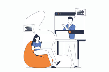 Leinwandbilder - Video conference concept with people scene in flat outline design. Man and woman colleagues communicate online using video calls at laptops. Vector illustration with line character situation for web