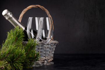 Wall Mural - Basket with champagne, Christmas fir tree