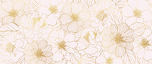 Luxury Golden Wild Flower Line Art Background Vector. Natural Botanical Elegant Flower With Gold Line Art. Design Illustration For Decoration, Wall Decor, Wallpaper, Cover, Banner, Poster, Card. 