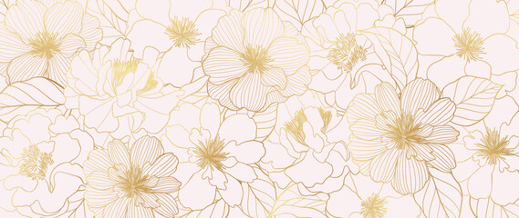 Wall Mural - Luxury golden wild flower line art background vector. Natural botanical elegant flower with gold line art. Design illustration for decoration, wall decor, wallpaper, cover, banner, poster, card. 