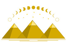 Three Yellow Egypt Ancient Pyramid Of Giza Are Egyptian Pharaoh Tomb Traingle In Desert With Curve Moon Different Phases Or Lunar Phase And Stars On White Background Vector Design Icon.
