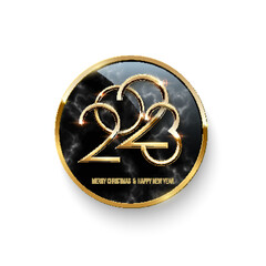 Poster - 2023 Happy New Year design vector illustration. Realistic 3d circle badge with golden shiny round frame border, text on black marble pattern inside, elegant decoration isolated on white background
