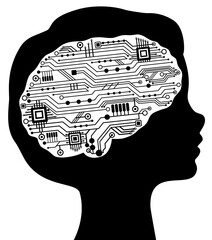 Poster - Beautiful communication baby profile with circuit techno human brain. Artificial intelligence, cyber mind concept. Circuit board chips.