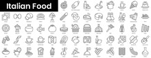 Set Of Outline Italian Food Icons. Minimalist Thin Linear Web Icon Set. Vector Illustration.