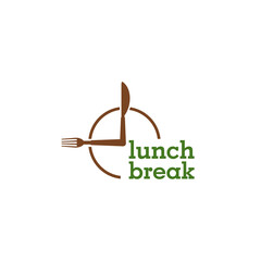 Wall Mural - Clock cutlery with text Lunch break logo isolated on white background