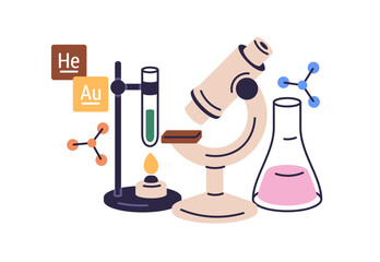 Poster - Chemistry science study concept. Chemical lab research, laboratory experiment. Microscope, test tube, glass flask composition for education. Flat vector illustration isolated on white background