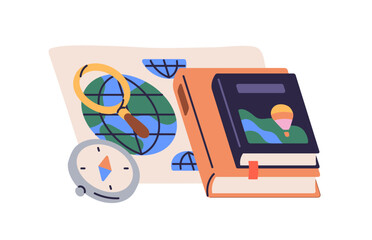 Poster - Geography education, school subject concept. Science book, atlas, compass, map for study composition. Course about Earth, cartography, navigation. Flat vector illustration isolated on white background