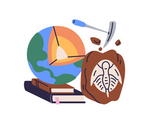 Poster - Geology science education concept. Earth planet section with core, fossils and geological books for study at school lessons. Globe research. Flat vector illustration isolated on white background