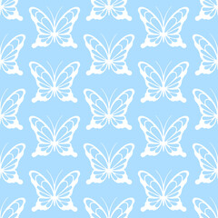 Wall Mural - White lace butterflies on pastel blue background. Vector seamless pattern. Best for textile, print, wallpapers, and wedding decoration.