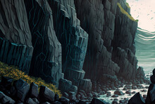 Background Of Basalt Cliff With Textures Surface, Creative Digital Painting, 3D Illustration