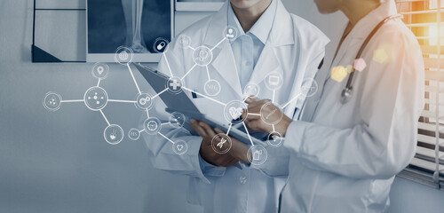 Wall Mural - Medicine doctor using digital healthcare and network connection on hologram modern virtual screen interface icons, Medical technology futuristic concept.