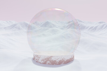 Wall Mural - abstact 3d render winter scene and natural podium background, podium with empty crystal ball on ice 