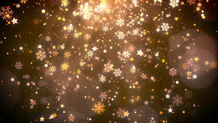 Wall Mural - gold christmas background with snowflakes, star and shiny lights for holidays greeting card.