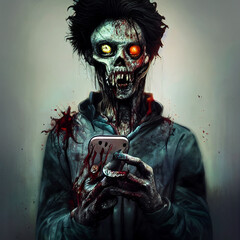 Zombies with a smartphone in their hands. Zombie. A concept on the topic of dependence on gadgets.