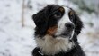 Portrait of a cute fluffy Bernese mountain dog in the snowy valley