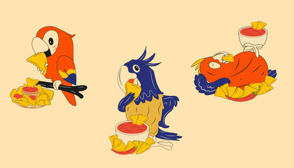 Set of  parrots mascots eat nachos. Mexican nachos chips fast food snack