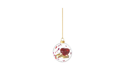 Wall Mural - romantic glossy transparent glass christmas ball with big red love glass heart inside surrounded by flying red pink purple hearts hanging from top upright 3D rendering isolated