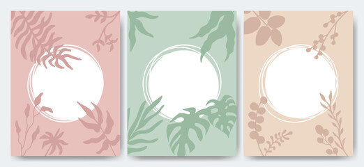 Wall Mural - Set of backgrounds with round frames for text, leaves and branches with leaves in pastel colors. Vector illustration. Blank Templates.