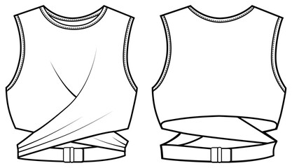 womens sleeveless crew neck crop top flat sketch vector illustration tank top technical cad drawing template