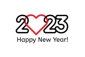 Poster - 2023 numbers in linear style with heart. Happy New Year event poster, greeting card cover, 2023 calendar design, invitation to celebrate New Year and Christmas. Vector illustration