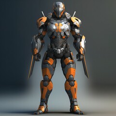 Wall Mural - sci-fi mech soldier on a dark background. military futuristic robot warrior. robot mech with orange 