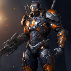 Wall Mural - sci-fi mech soldier on a dark background. military futuristic robot warrior. robot mech with orange 
