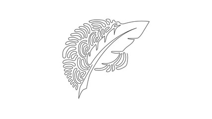 Wall Mural - Self drawing animation of single line draw vintage Feather quill pen logo with black ink stroke, scratch icon, classic stationery. Swirl curl circle style. Continuous line draw. Full length animated