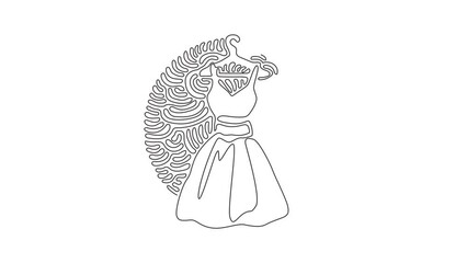 Poster - Animated self drawing of continuous one line draw elegant dress on shoulders icon. Dress hanger. Clothing store. Fashion boutique. Swirl curl circle background style. Full length single line animation